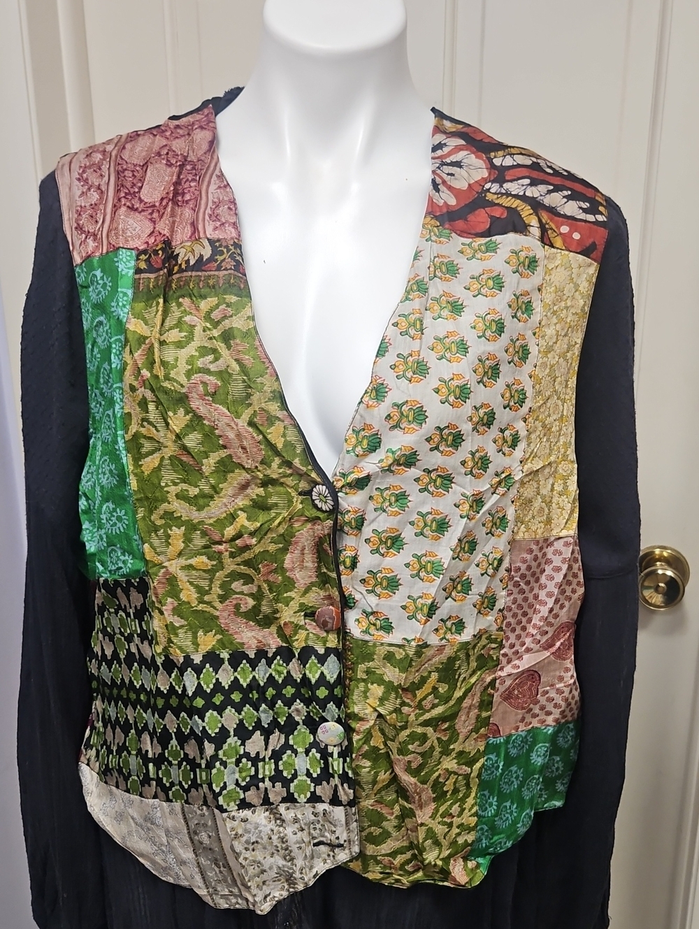 Boho Raw Vintage Silk Patchwork Women's Vest Covered Buttons